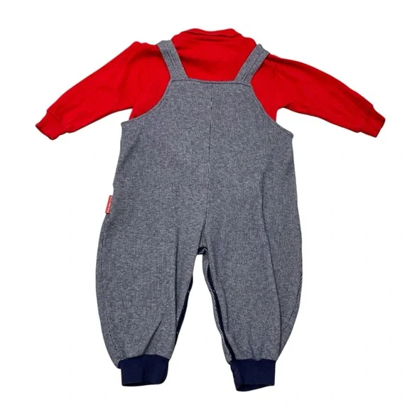 Vintage 90’s Pin Stripe Train Embroidered Overall Set Boys 18M Turtleneck Fall - Picture 6 of 8